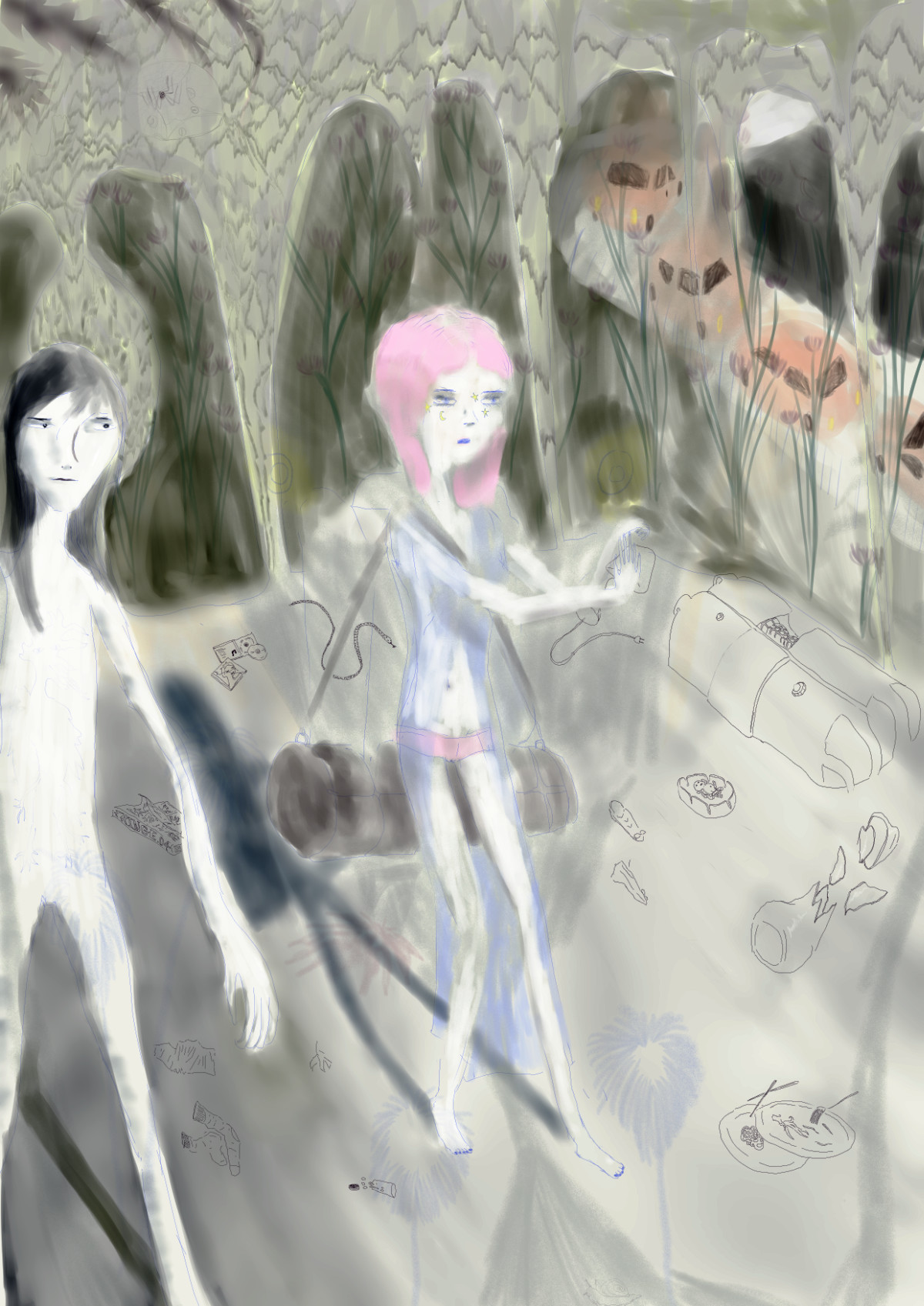A scene depicting a skinny young woman next to a man looking at something outside of the scene. She had an icy blue light gown, pink panties matched with her hair and a brown gym bag. The man, with long black hair and vague tatoos is checking on the girl, he has no pubes and no sex. Their skin is transculscent white, they are in a messy room that could be a cave but it&rsquo;s up in a building. There is a traffic jam of orange cars in the back. And some weird plants that could be defined as climbing tulips.