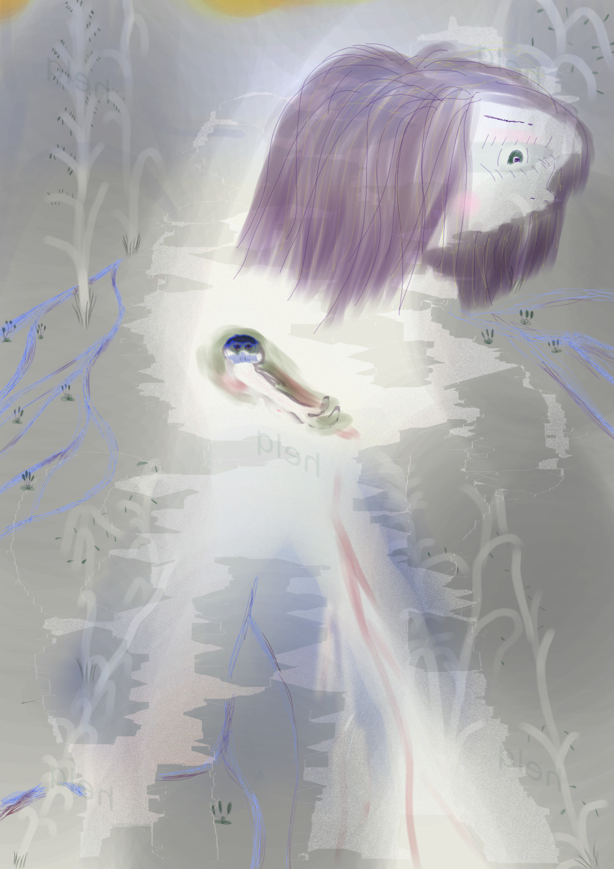 A worried girl with green eyes walking right, carrying a sick little man in her arms in a gray dusty land with scattered trees. There is blood leaking along the harmed man running through the legs of the girl.