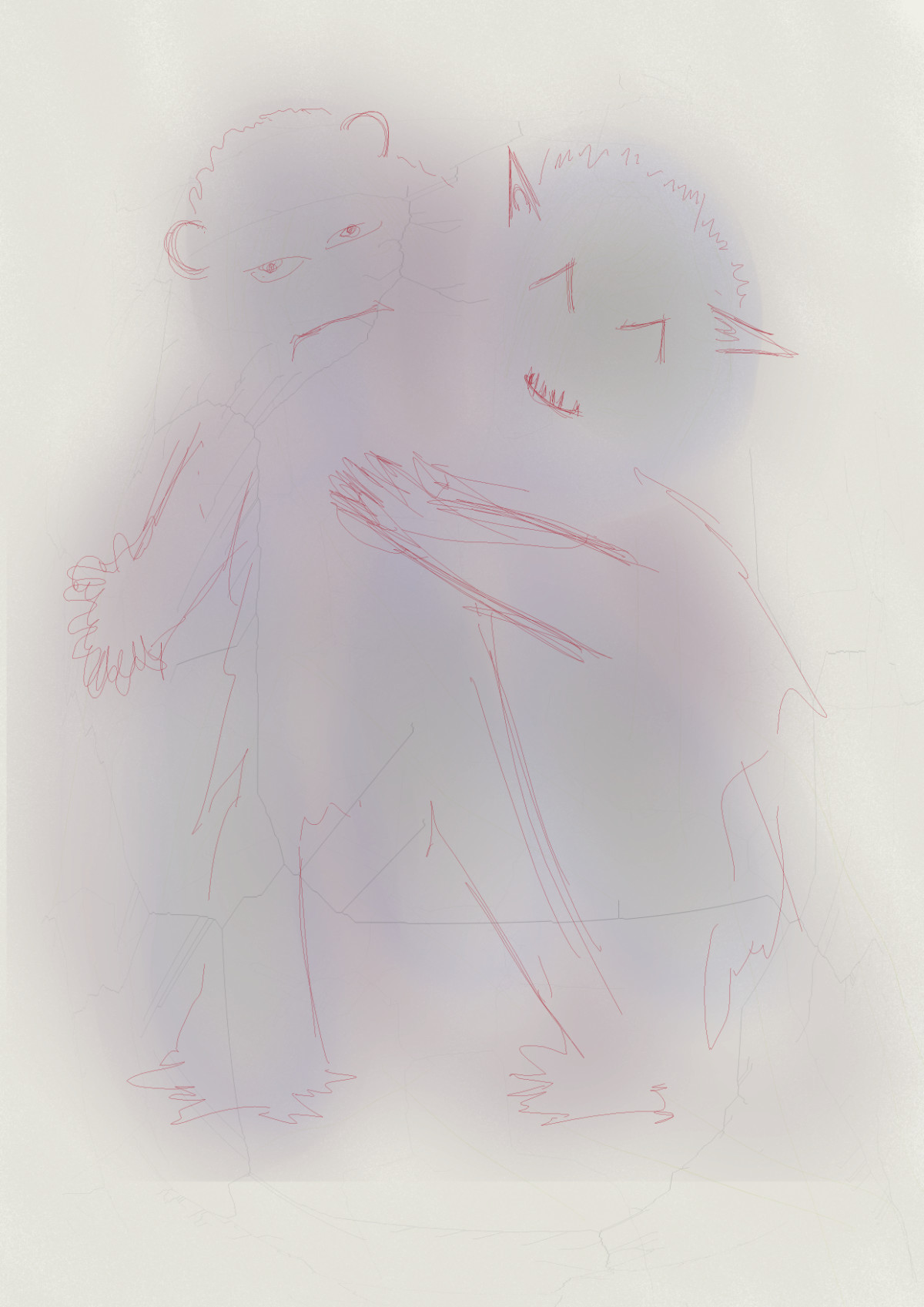 scribble of two humanoids hugging, one is holding the other happy, the other looks empty headed with eyes looking nowhere and saliva leaking out of their mouth.