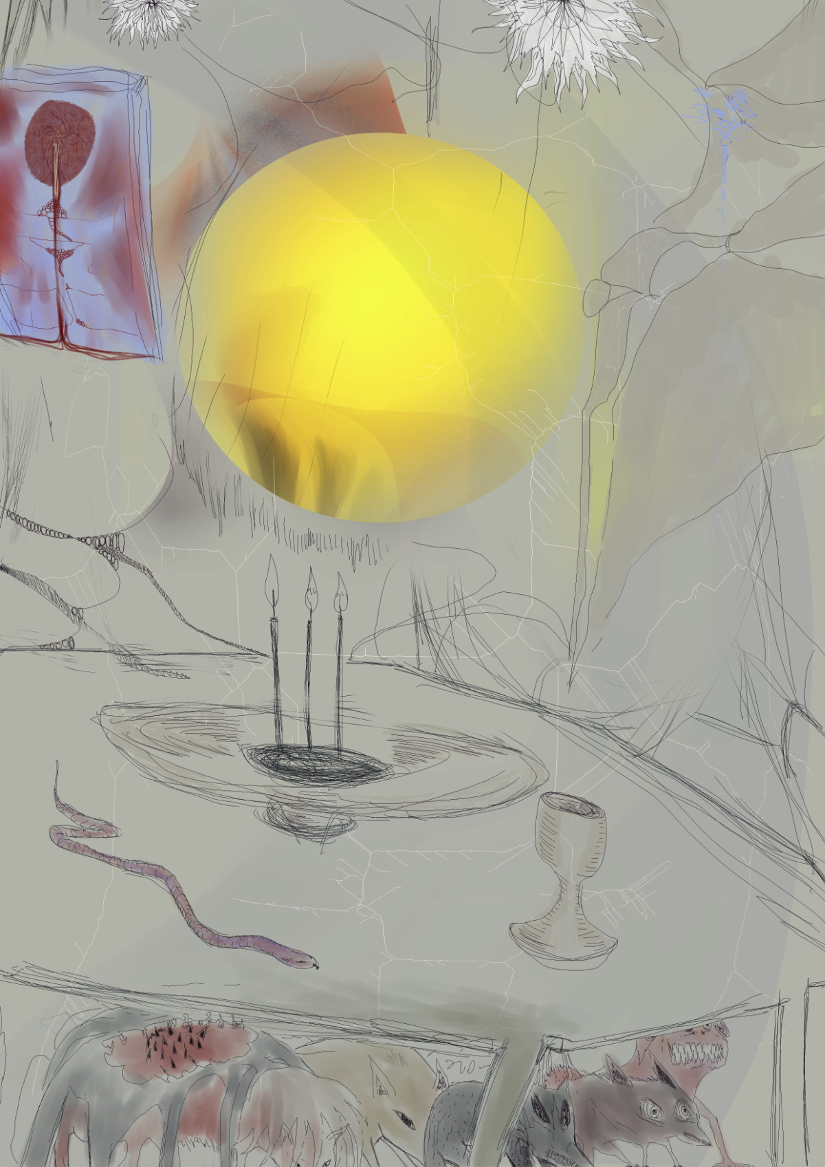 Interior scene with a big bright yellow ball floating over a dinner table that has a chandelier with three candles, a glass and a snake. There is animals hiding under the table. The walls of the place are cracked, half abstracted.