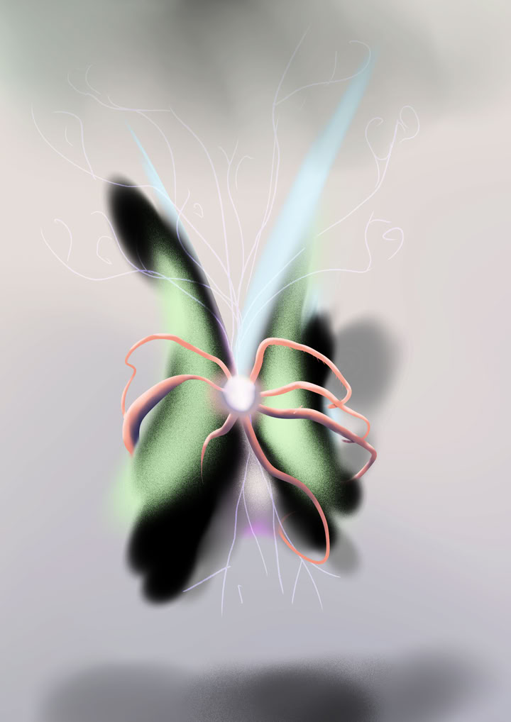 an abstracted butterfly with a shiny central core