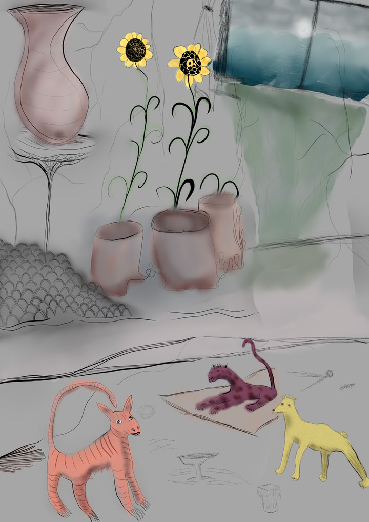sketch-like painting of an indoors view in a place with mold from the windows, sunflowers, old vases and three weird cats looking at you