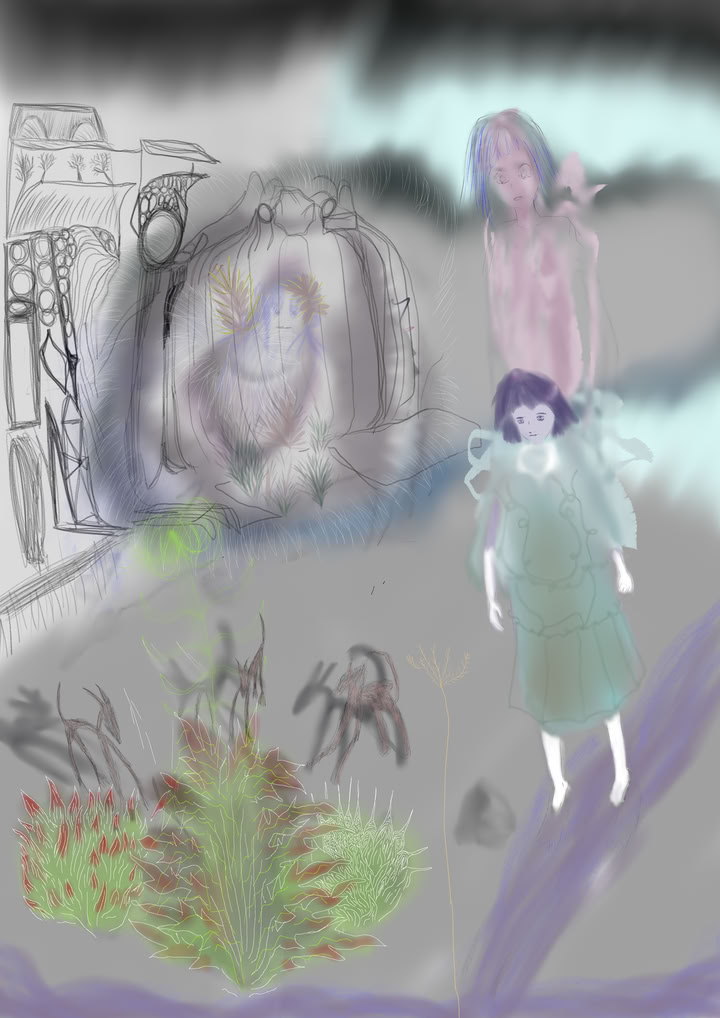 a scene including a ghost in a cage, three dogs checking on a plant and a lady walking forward in the street with a bigger lady in the back
