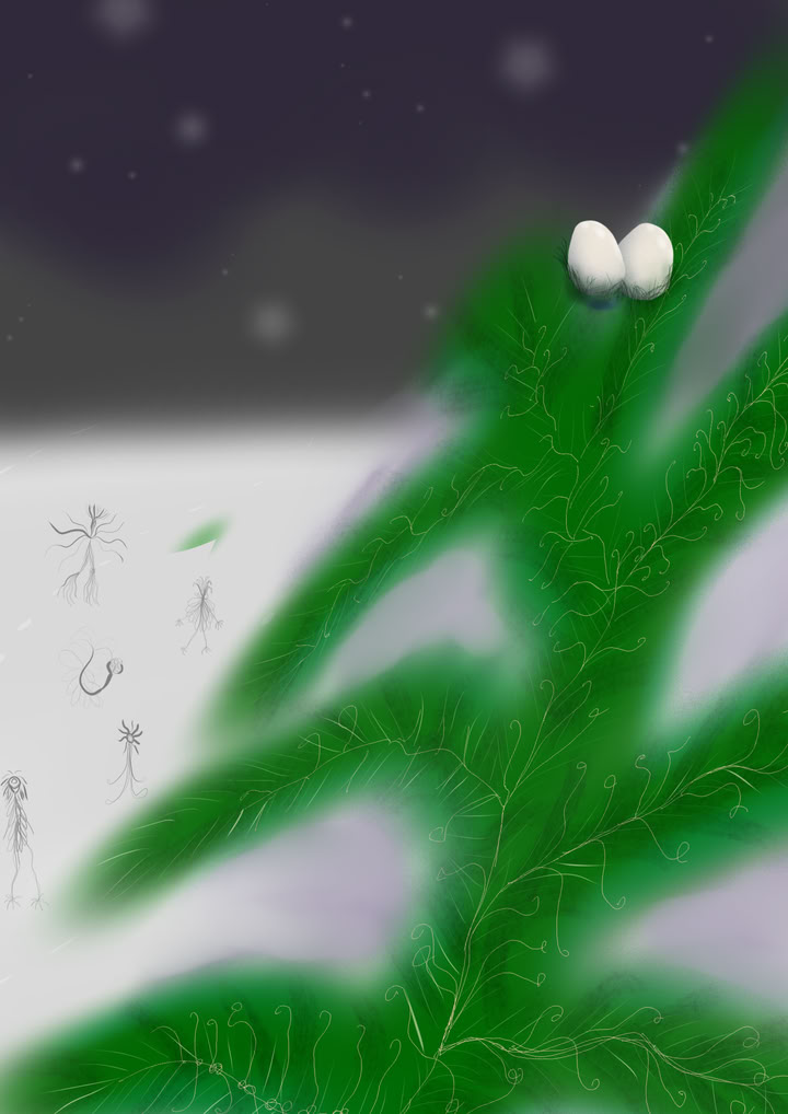 a pine tree with eggs and an open landscape at night with peoples far away and some silver stars shining dimly in the sky.