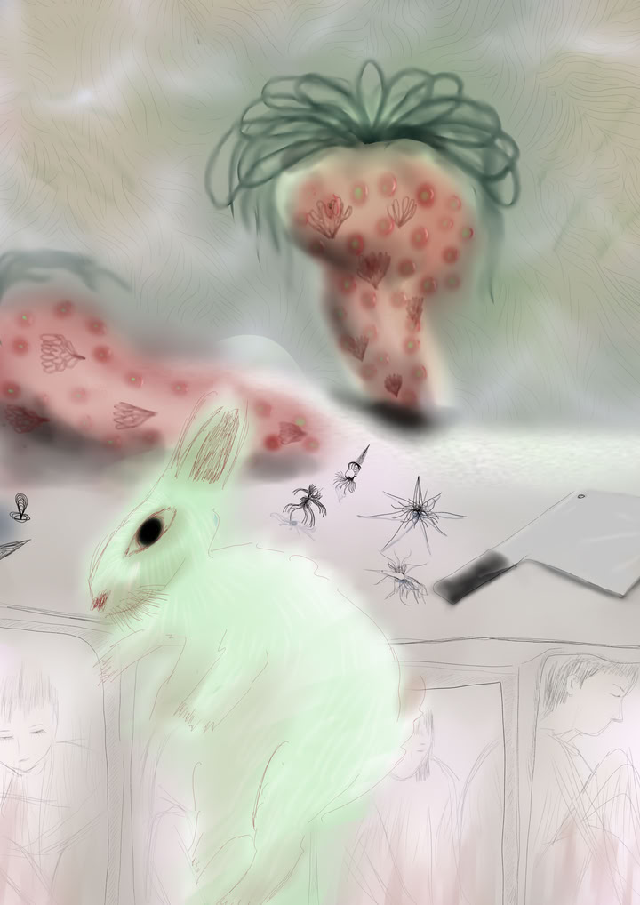 a green rabbit, giant strawberries on a table behind it, and some people sitting under the table.