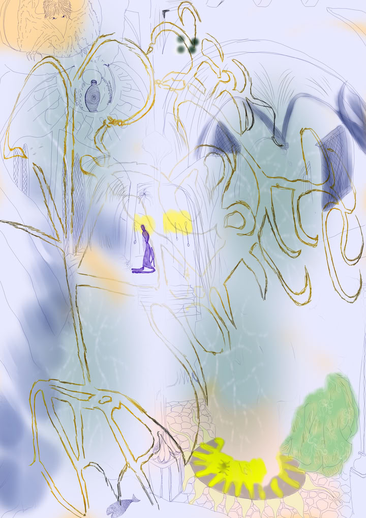this is an abstracted, lose retelling of the annuncuation, except that the main protagonist are leaving the scene or just remaining as semi erased shadows.