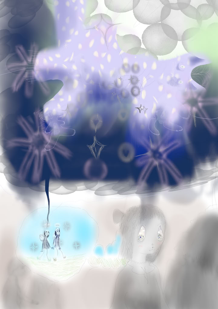 a puppy-girl, kind of a furry, thinking about being a cupid holding hands with another angel, that think aboug a bubbly lilac cat floating in the sky.