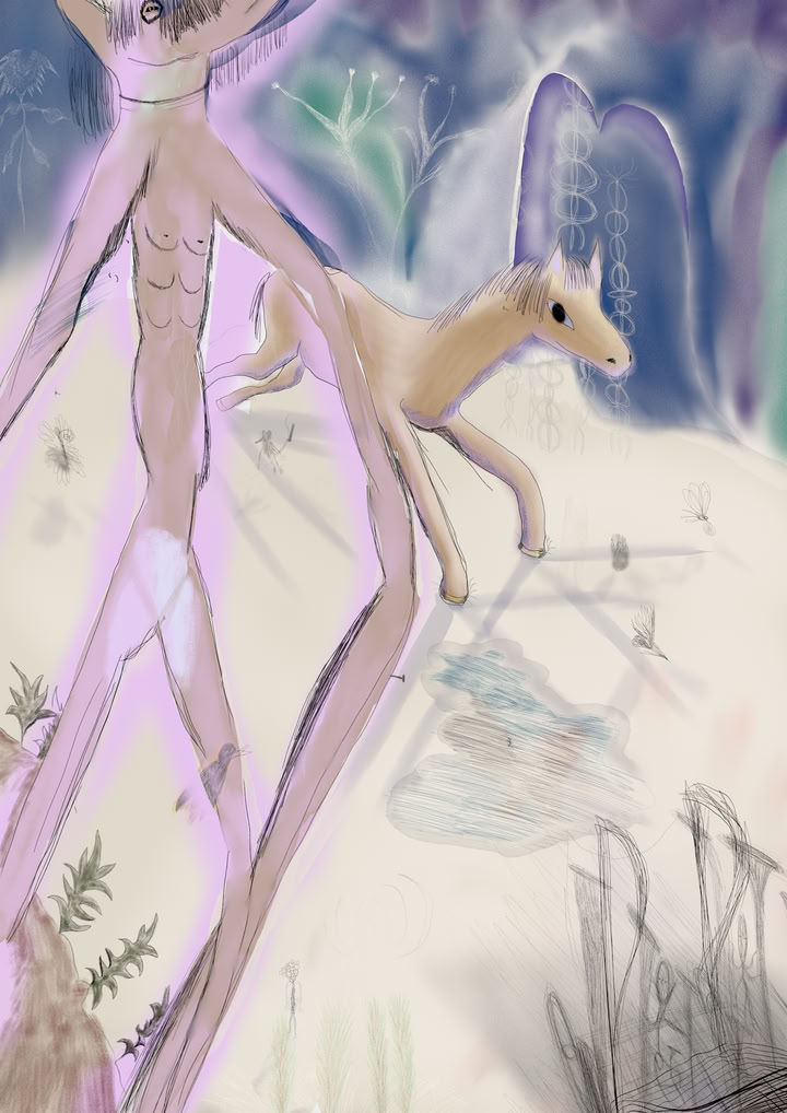 A horse runnig toward a chariot, and another one standing up, so tall, it’s head is cut out of the frame, its arms are too long, its feet cannot be seen either. in behind a blue and purple cloudy forest.
