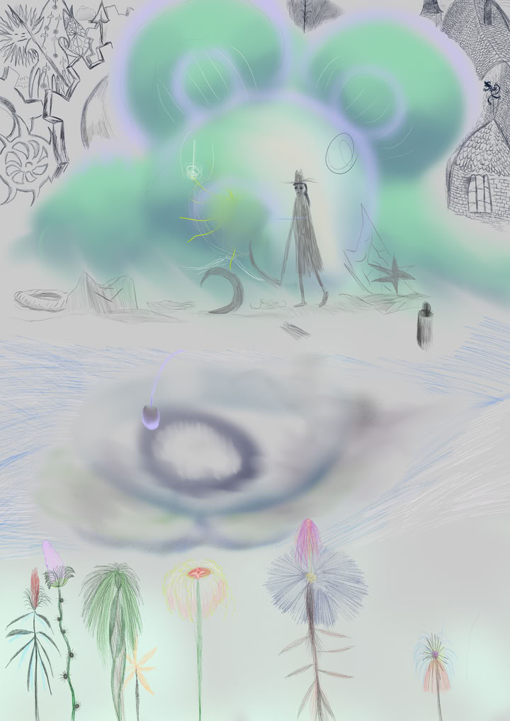 a youn women holden a scythe above a lake, there is tools and medieval house in between hen and some greed, emerald like clouds. in front of the lake, some exotic flowers can be seen.