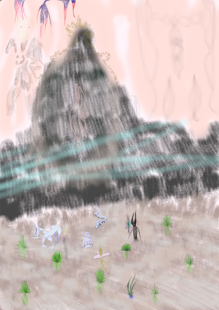 A dark and thick silouette looking up small creatures in a dry deserted land.