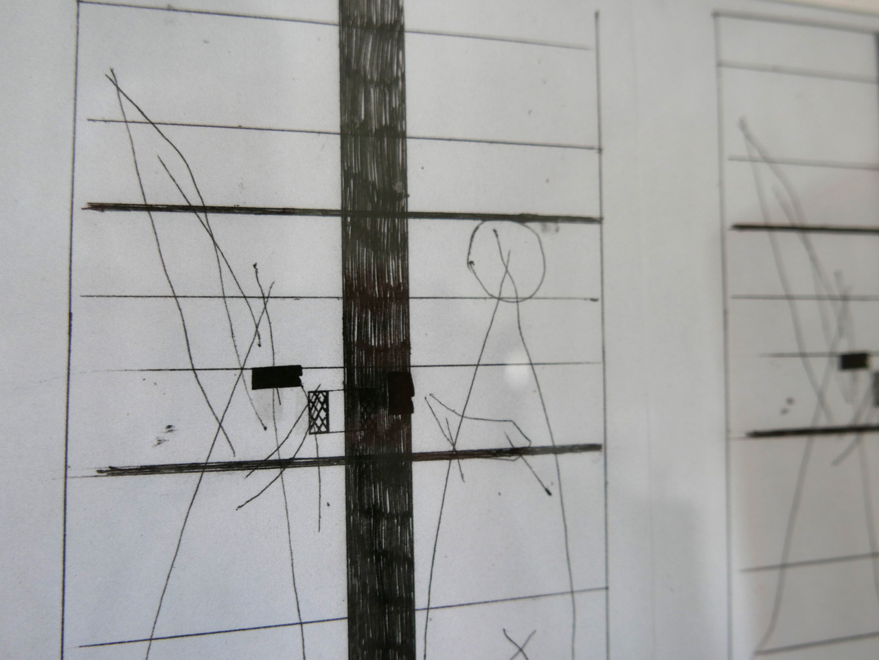 close-up of a penball drawing of two sticked shaped character speaking through a window with a small print of speech bubbles.