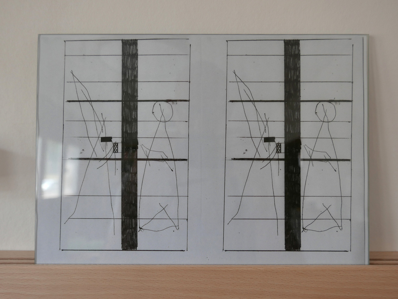 abstract drawing depicting two character talking to each other through the window with small speech bubbles printed. The drawing is duplicated and show two times (there is a kind of a meta thing going on) 
