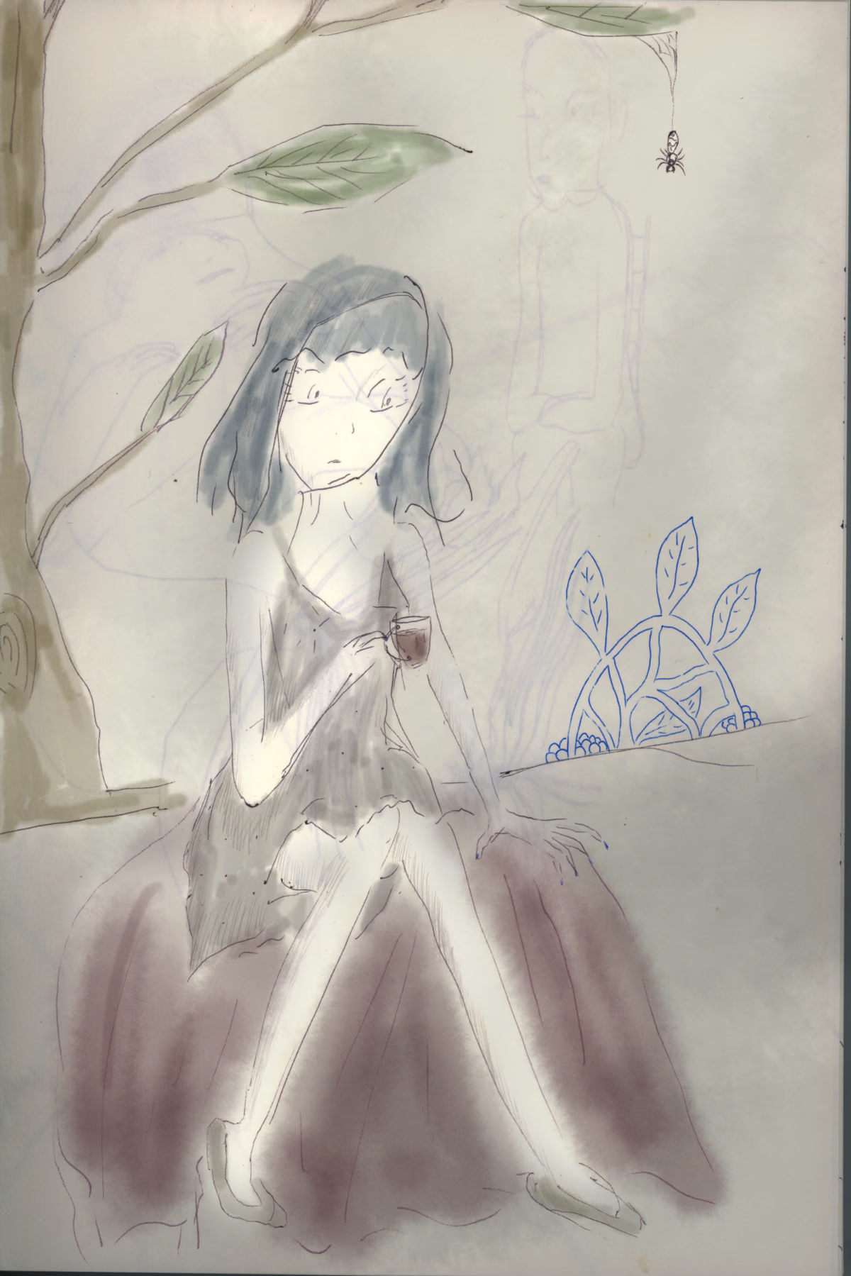 penball drawing with digital watercolor of a thin woman with very pale skin sitting on a red drape holding a clear glass of black tea. There is a spider on the top right hanging from a tree