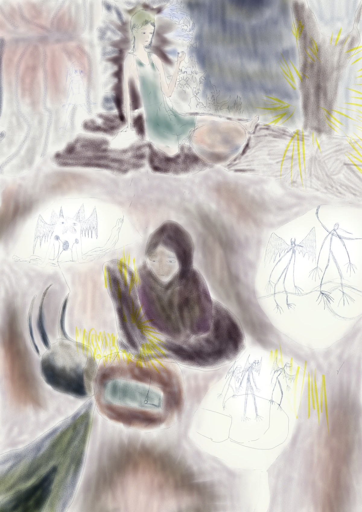 digital drawing of a rather complex scenery, the whole drawing has bright colors with very noisy texture and pastel gradient combined, it is like entering a bright room after leaving a cave. The scene depict two young women sitting in an open, undefined space, one in the back has a very light aqua green dress that reveals most of her skin. She is looking at something she picked from a bowl in her right hand the size of a blueberry, the one if the front is fulled dressed with a hijab in a dark plum shade, she is looking at a box that could be a tv or a transistor radio, it is not clear what the device is. Around the women there is bubbles of negative space filled with what looks like quick childish scribbles of some sort of stick shaped gargoyles. They are drawn with digital pencils in a grey/blue shade.
