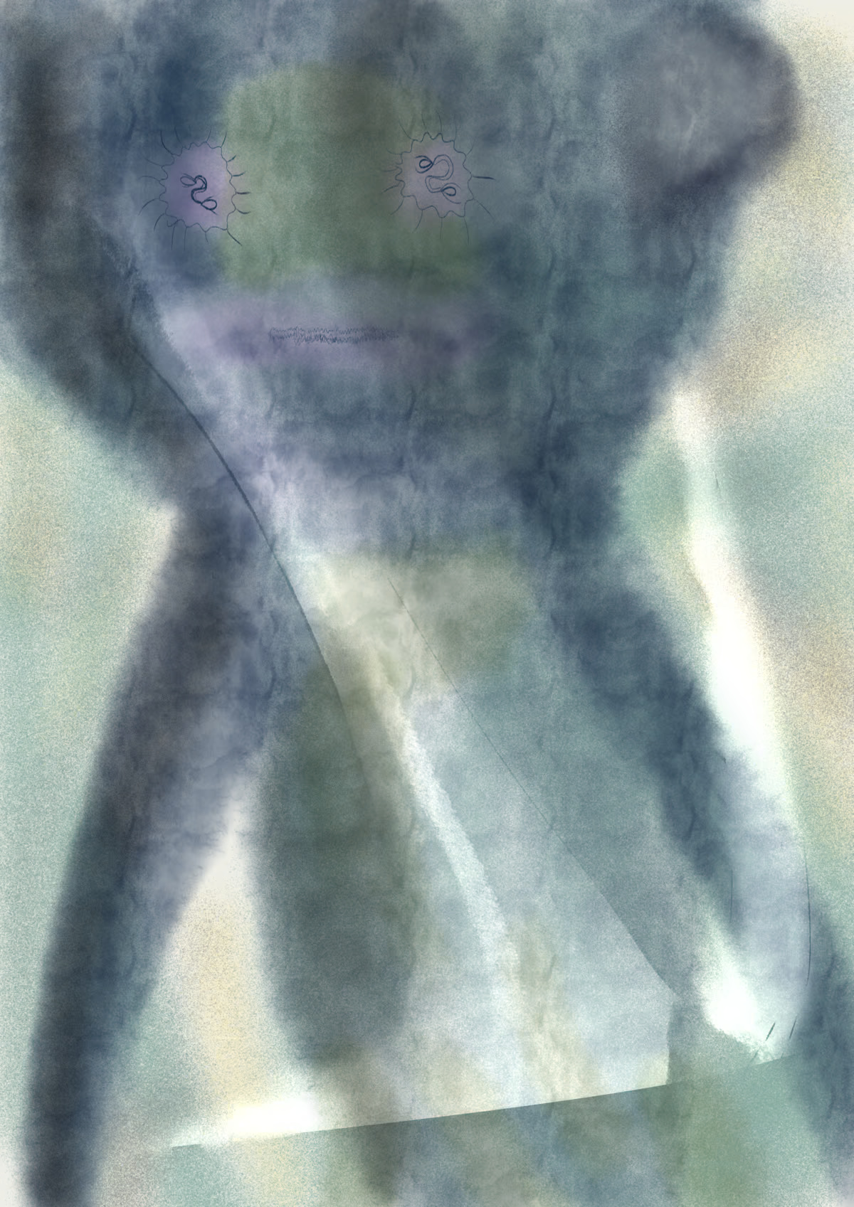 digital drawing of an abstract monster filling the whole image. The monster has a simple shape and like a Japanese mascot but the drawing has a weird digital aquatic pattern, hard to describe, the whole image has a blue green tone with a bit of yellow