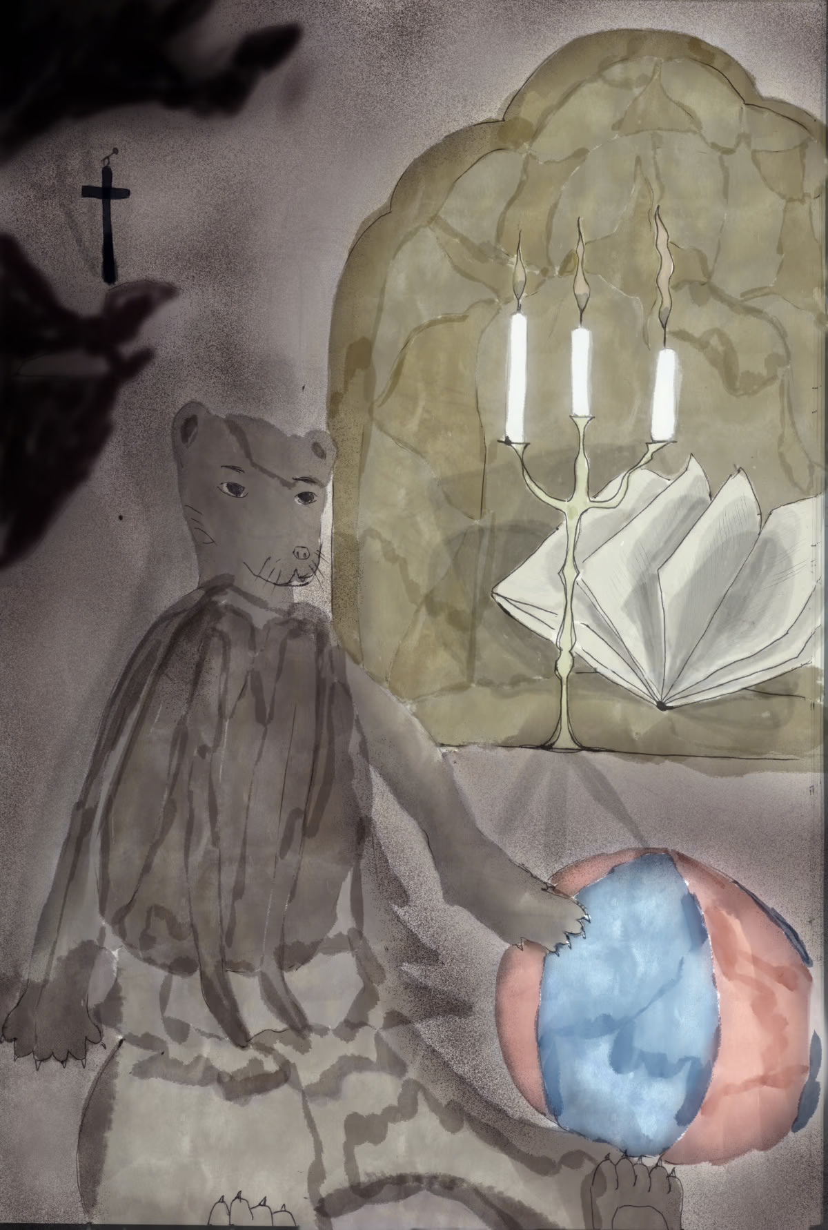 penball drawing with digital coloring of a human size teddy bear sitting next to a circus ball. There is an alcove behind on the upper right with a chandelier holding three lighted up candles and an oversized open book with the pages flipping on their own. A christian cross is hanged by a nail on the top left. The lighting is somewhat dramatic.