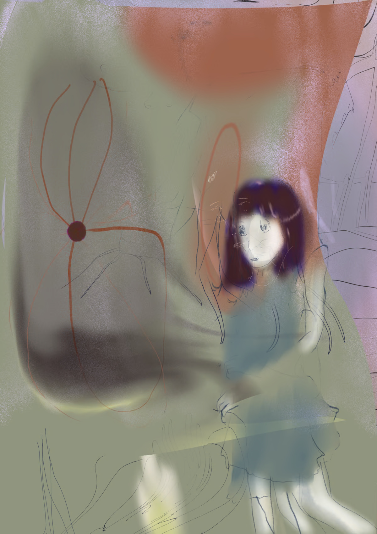 digital drawing of a girl running on the left. The whole image feel like a glitch, a lot of warped effect and late 90’s futuristic kind of vibe, were graphic designer were making very vibrant digital design but still having paper as a main format of destination (if that make sense)