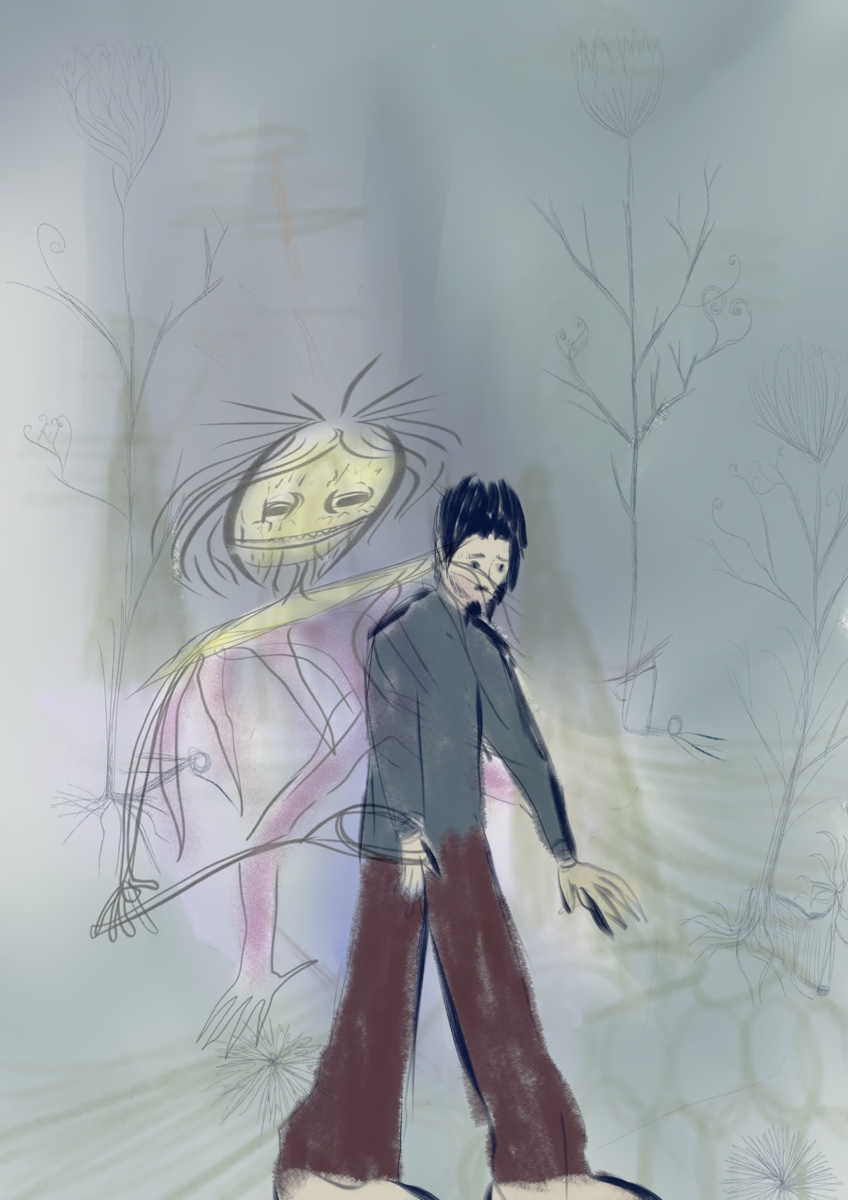 digital drawing of a young boy looking sad and anxious with his eye on the ground in a ghostly aquatic forest. Under his back, there is a grotesque, childlike monster looking at him, almost laughing. The background is very watery but the characters have a digital chalk effect