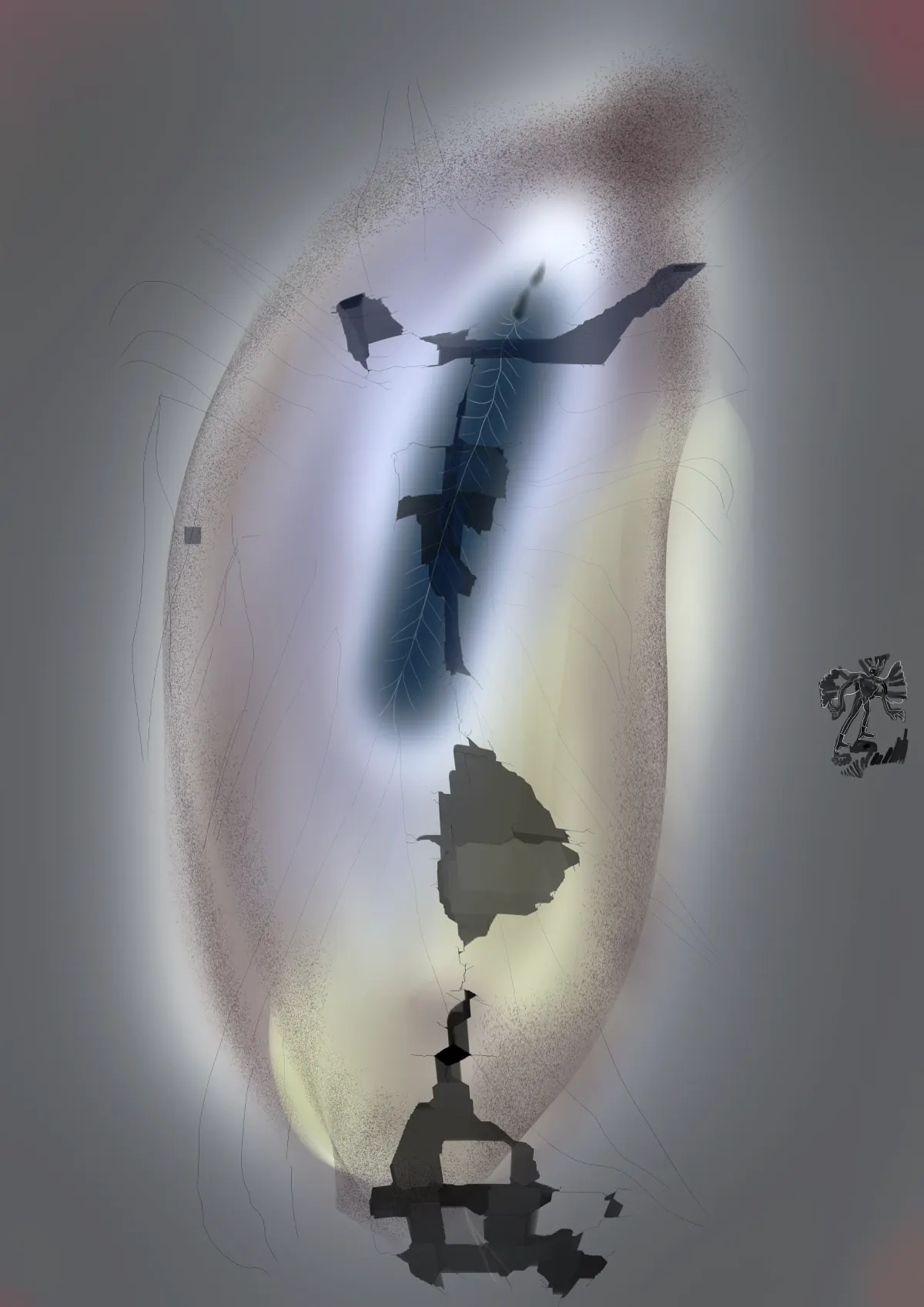 A dreamy, foggy vison of a cocoon with a small carachter on the right. There
is an overlay of abstract shapes on top