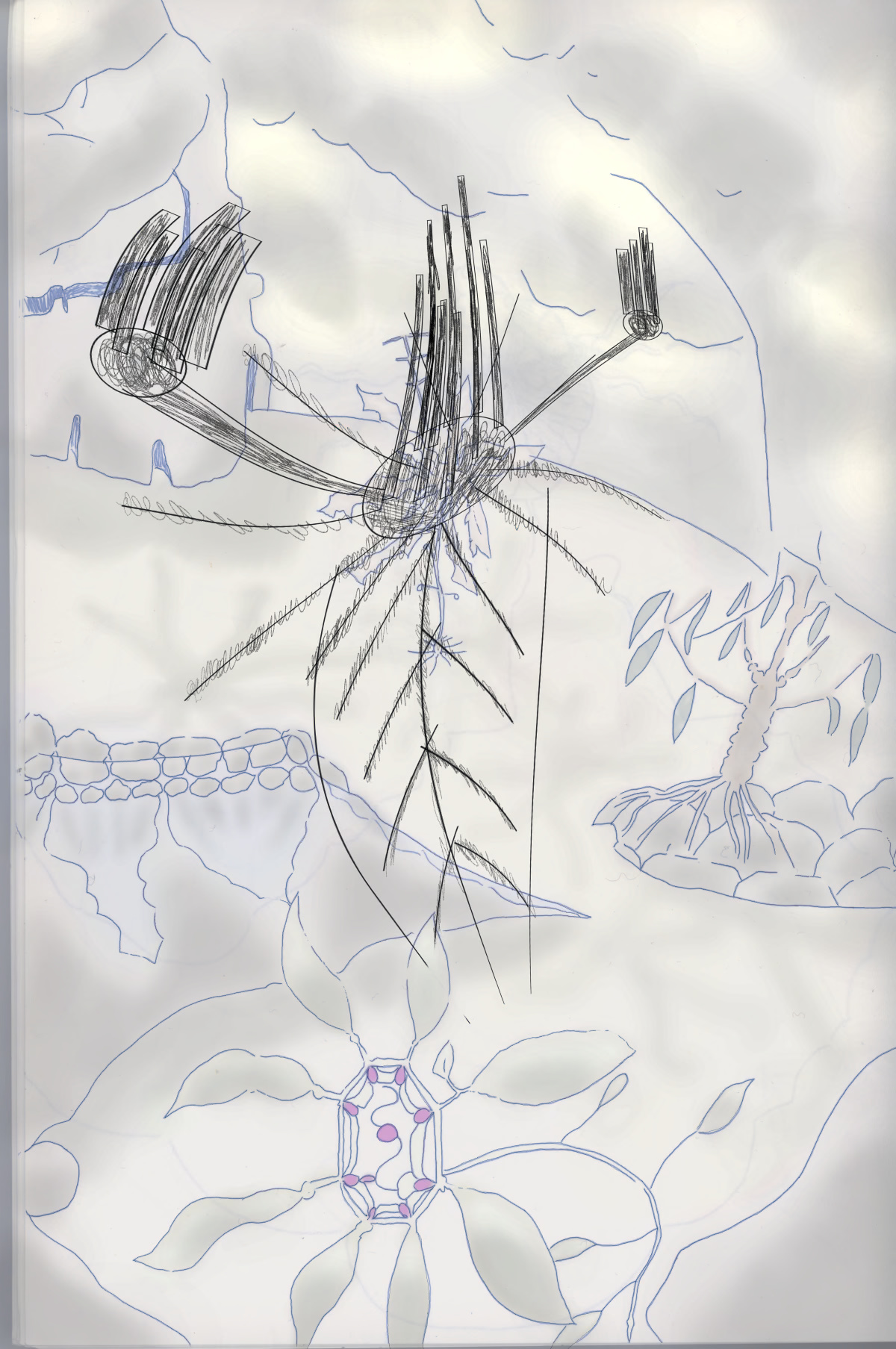 landscape in sandy washed tones with sub tropical plants and a clay house in the back, the sky is gray with yellow undertones like a heavy summer before thunder kind of vibe. There is a black and scribbled 5G antenna floating in the middle